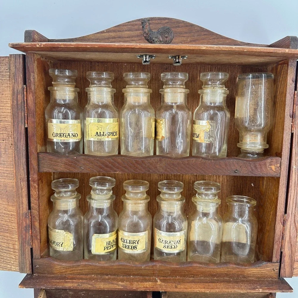 Vintage Wooden Spice Rack Cabinet with 12 Glass Jars Rooster Farmhouse Decor